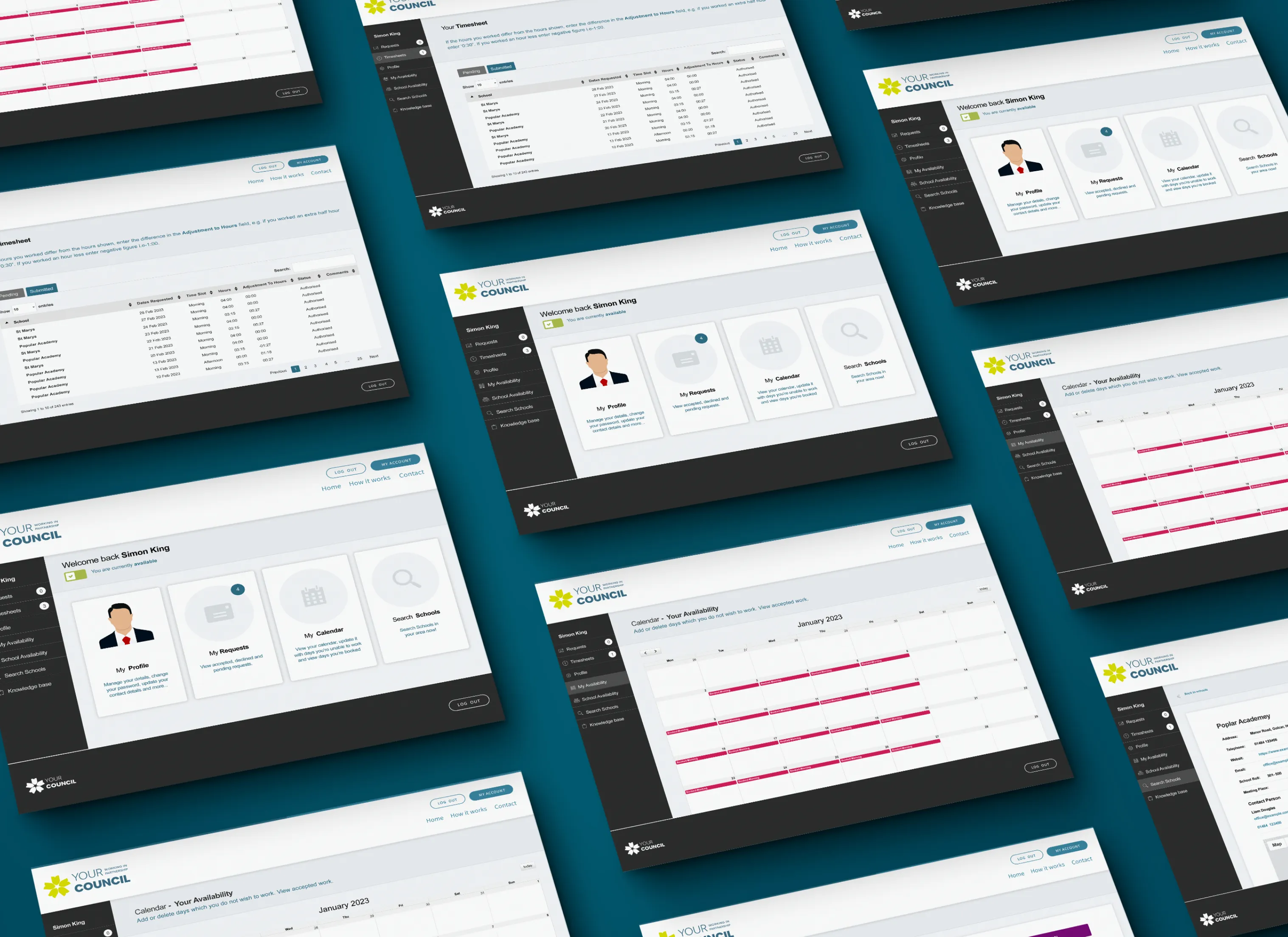 An overhead spread of multiple Your Council Supply Service platform screens built by DotPerformance for Kirklees Council, showing supply staff profiles, timesheet views, availability calendars, and booking management interfaces
